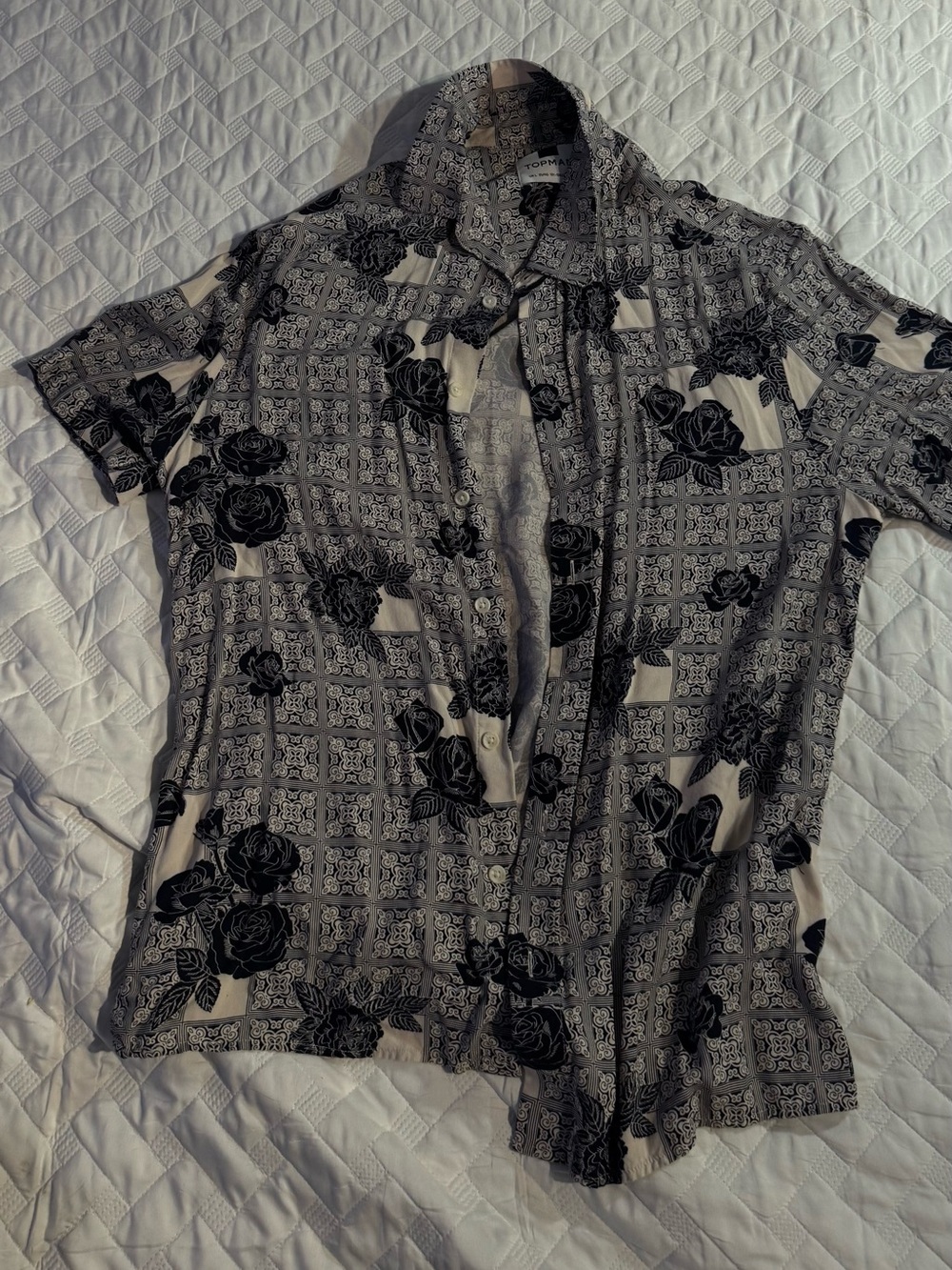 Topman Cream & Black Floral Short-Sleeve Button Down Shirt